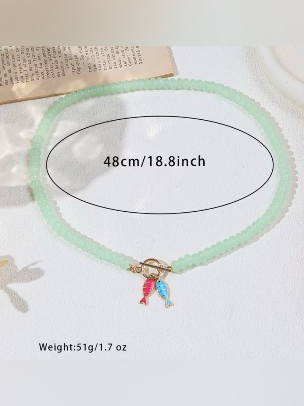 NEW! Beaded Mint Green Toggle Necklace with Enamel Fish Charms ๐ A2-55 - Picture 4 of 6